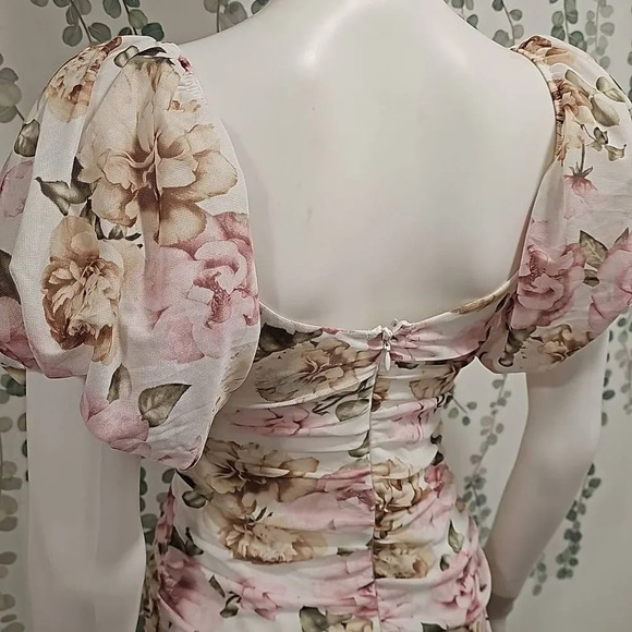 NWOT Asos puff sleeve mesh ruched wrap around pephem midi dress in soft floral p - Picture 8 of 10